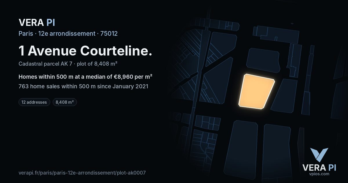 1 Avenue Courteline, 12e arrondissement at night – the plot lit, the parcels around coloured by the prices near them