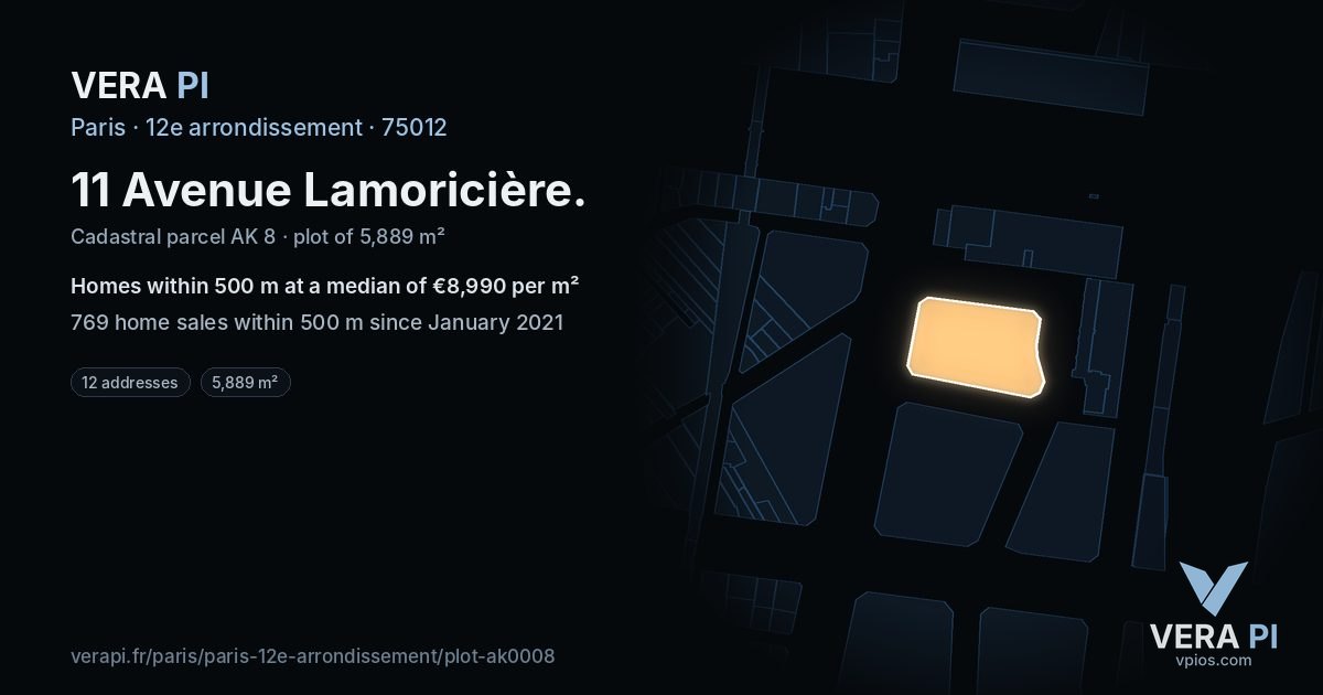 11 Avenue Lamoricière, 12e arrondissement at night – the plot lit, the parcels around coloured by the prices near them