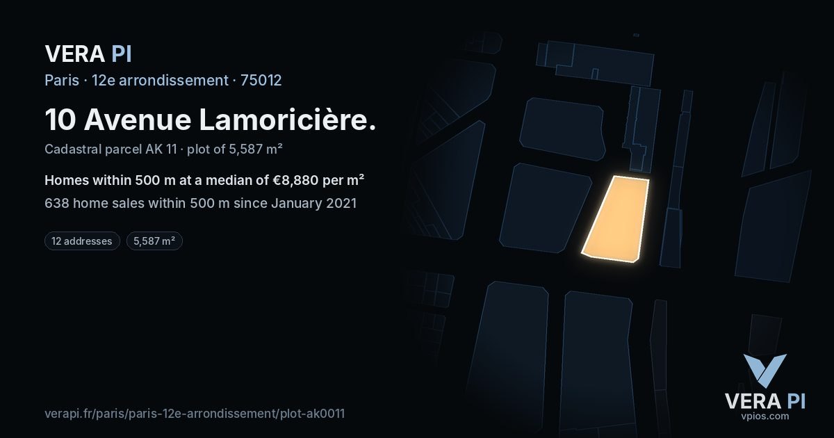 10 Avenue Lamoricière, 12e arrondissement at night – the plot lit, the parcels around coloured by the prices near them