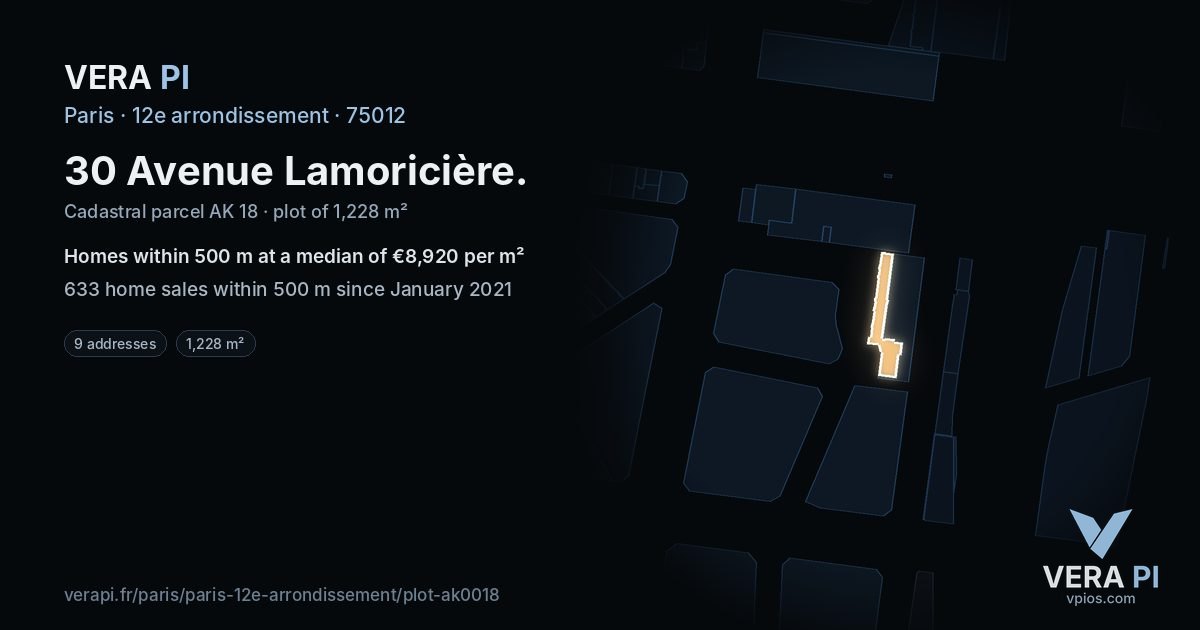30 Avenue Lamoricière, 12e arrondissement at night – the plot lit, the parcels around coloured by the prices near them