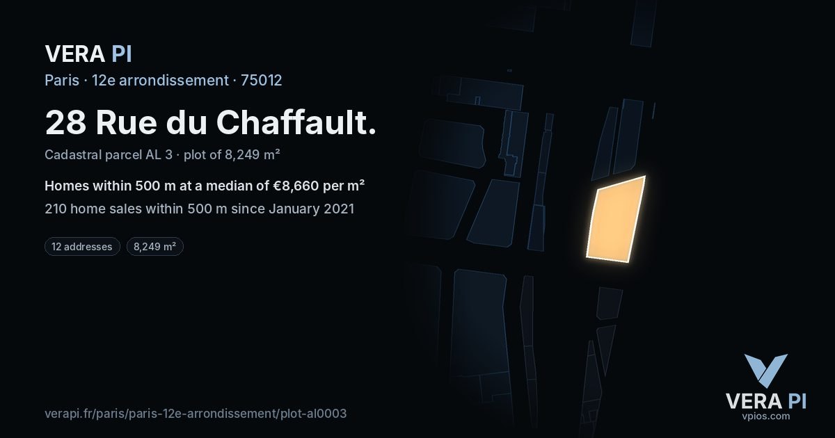 28 Rue du Chaffault, 12e arrondissement at night – the plot lit, the parcels around coloured by the prices near them