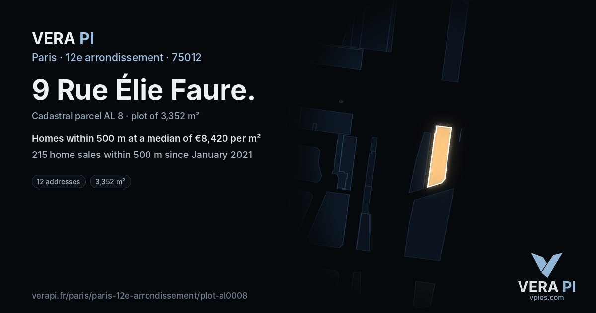 9 Rue Élie Faure, 12e arrondissement at night – the plot lit, the parcels around coloured by the prices near them