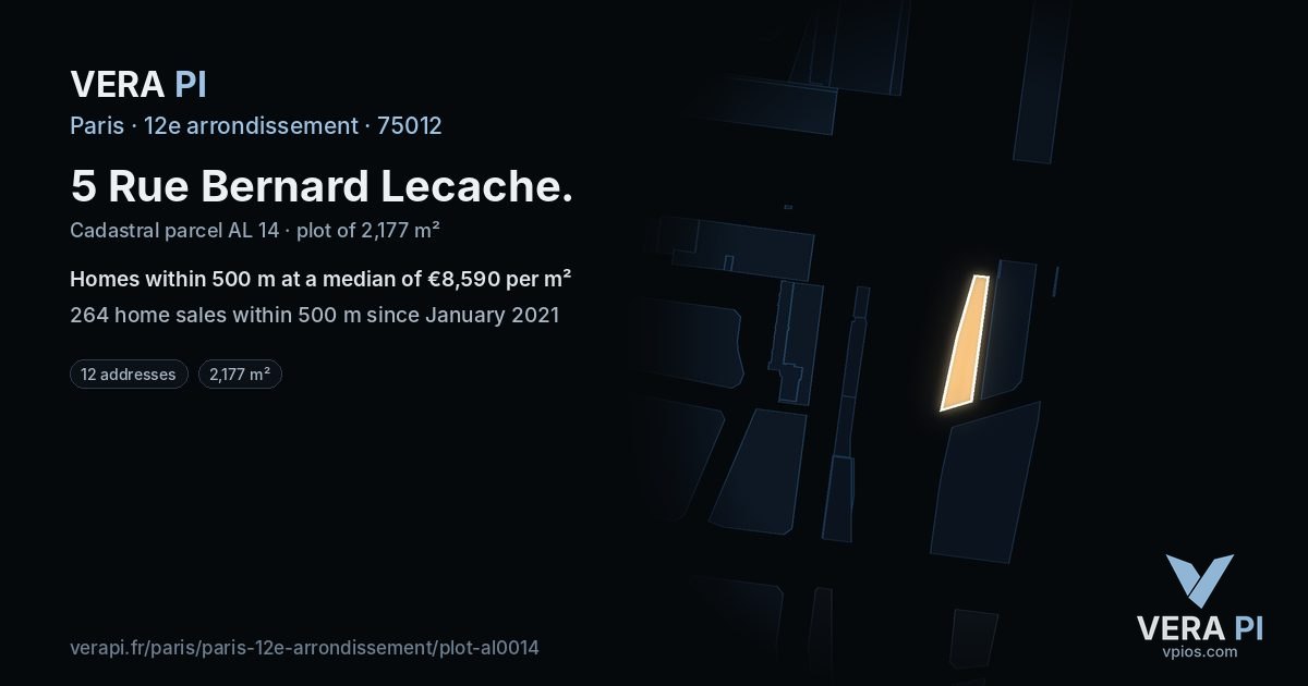 5 Rue Bernard Lecache, 12e arrondissement at night – the plot lit, the parcels around coloured by the prices near them