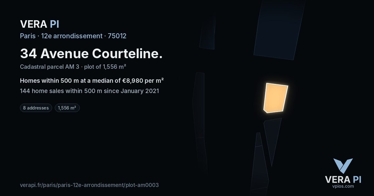 34 Avenue Courteline, 12e arrondissement at night – the plot lit, the parcels around coloured by the prices near them