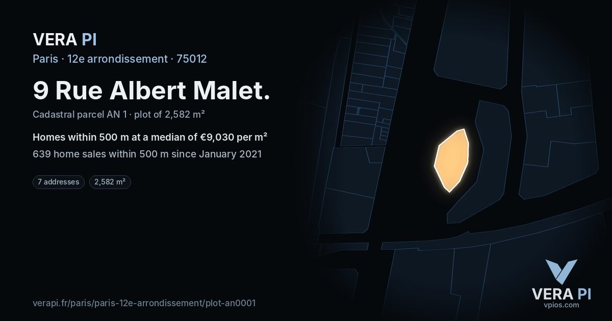 9 Rue Albert Malet, 12e arrondissement at night – the plot lit, the parcels around coloured by the prices near them