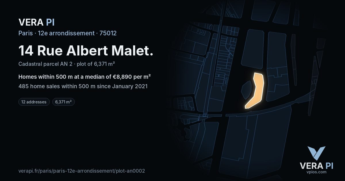 14 Rue Albert Malet, 12e arrondissement at night – the plot lit, the parcels around coloured by the prices near them