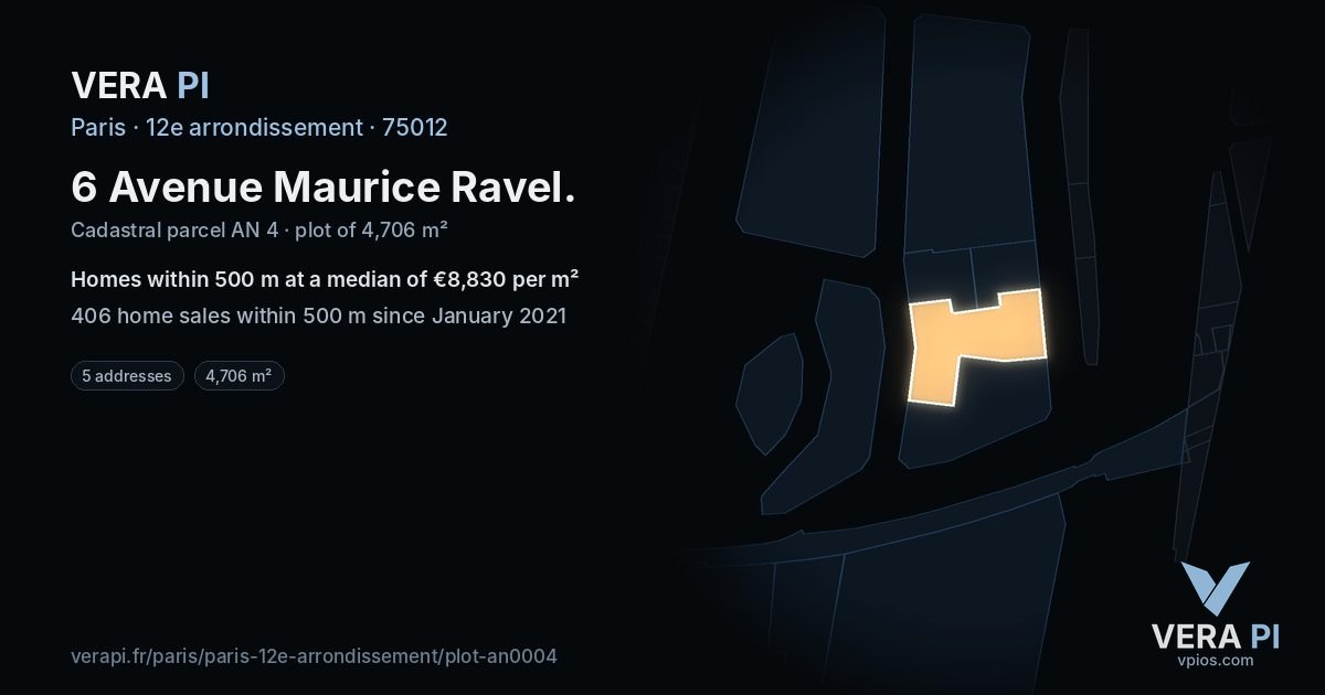 6 Avenue Maurice Ravel, 12e arrondissement at night – the plot lit, the parcels around coloured by the prices near them