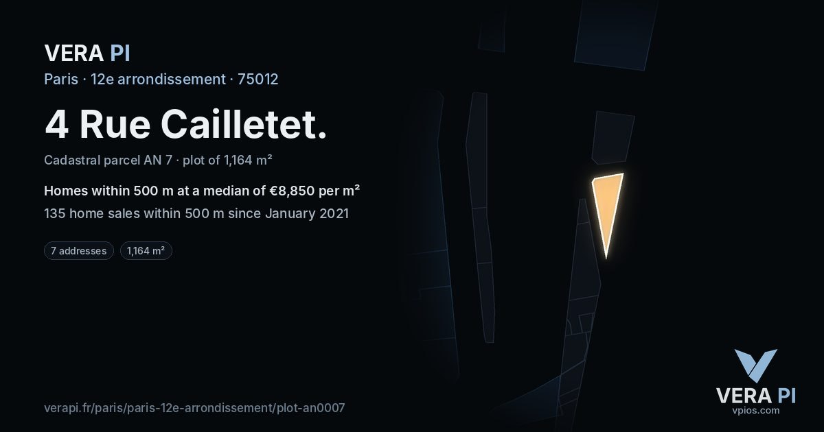 4 Rue Cailletet, 12e arrondissement at night – the plot lit, the parcels around coloured by the prices near them