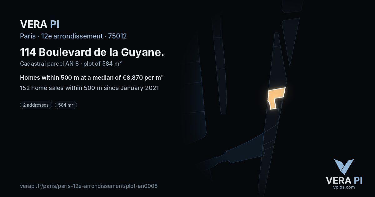 114 Boulevard de la Guyane, 12e arrondissement at night – the plot lit, the parcels around coloured by the prices near them