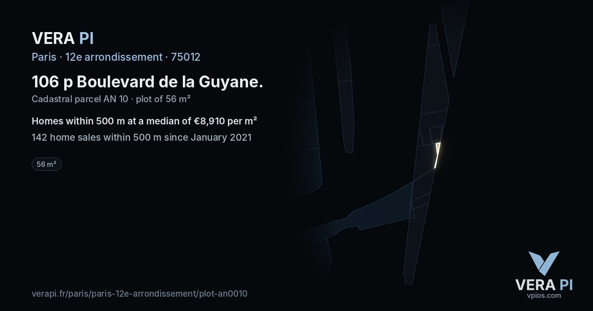 106 p Boulevard de la Guyane, 12e arrondissement at night – the plot lit, the parcels around coloured by the prices near them