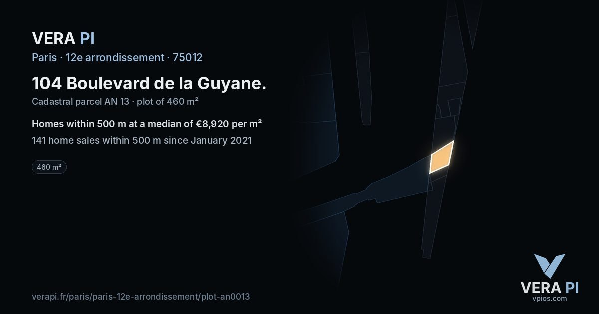 104 Boulevard de la Guyane, 12e arrondissement at night – the plot lit, the parcels around coloured by the prices near them