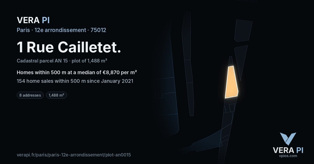1 Rue Cailletet, 12e arrondissement at night – the plot lit, the parcels around coloured by the prices near them