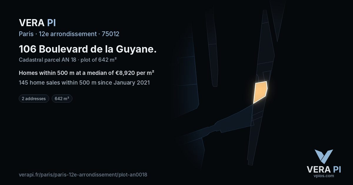 106 Boulevard de la Guyane, 12e arrondissement at night – the plot lit, the parcels around coloured by the prices near them