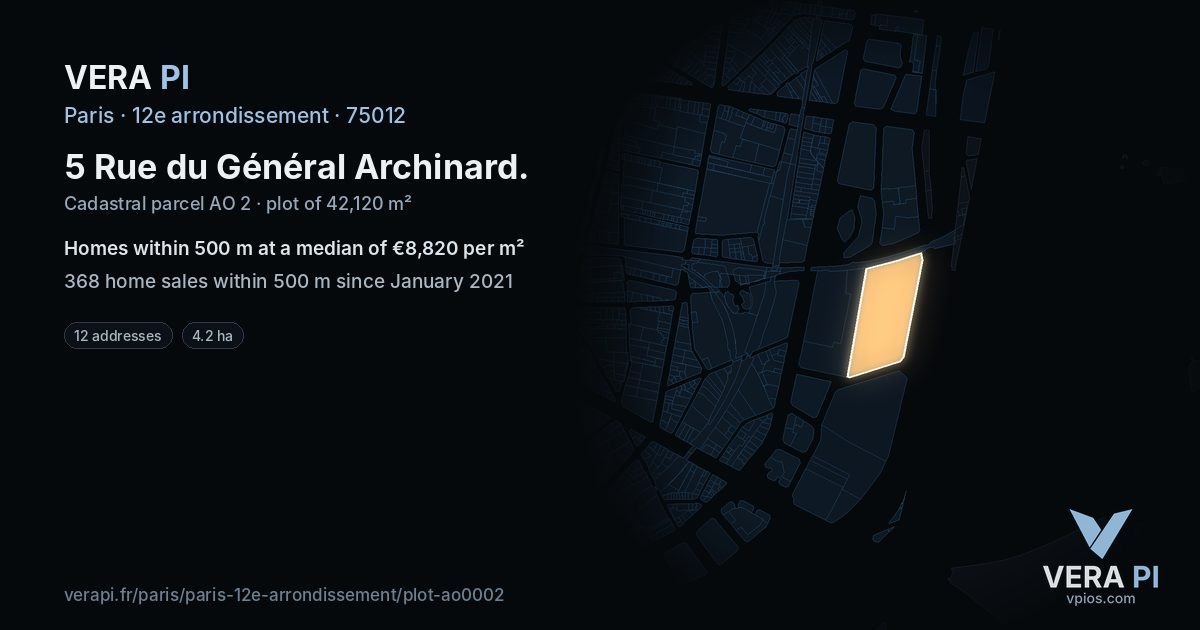 5 Rue du Général Archinard, 12e arrondissement at night – the plot lit, the parcels around coloured by the prices near them