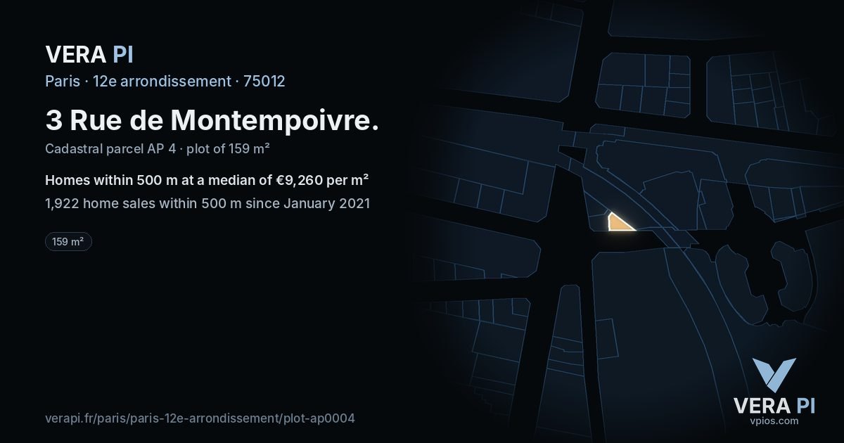 3 Rue de Montempoivre, 12e arrondissement at night – the plot lit, the parcels around coloured by the prices near them