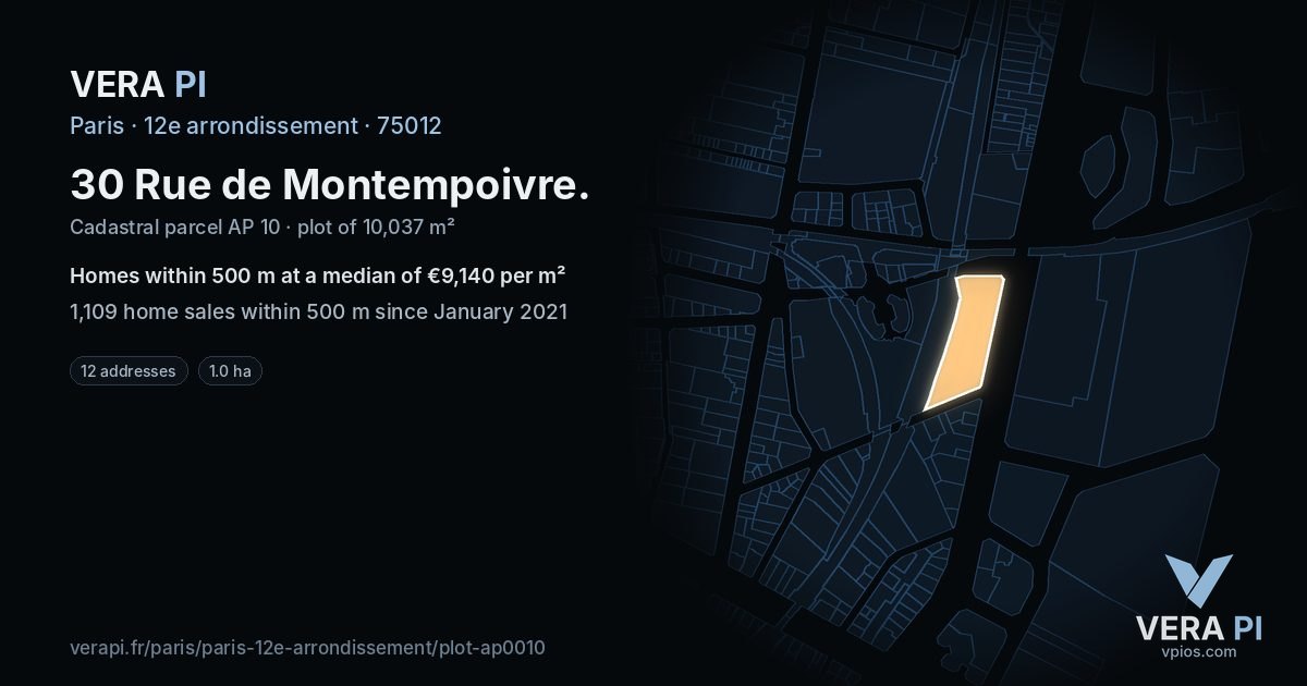 30 Rue de Montempoivre, 12e arrondissement at night – the plot lit, the parcels around coloured by the prices near them