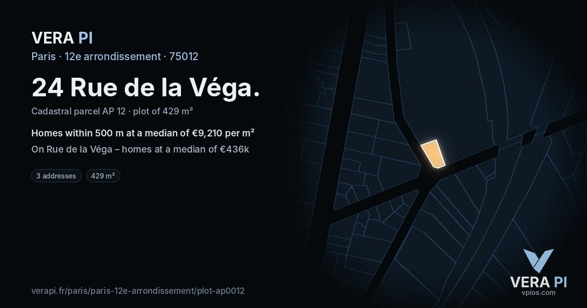 24 Rue de la Véga, 12e arrondissement at night – the plot lit, the parcels around coloured by the prices near them