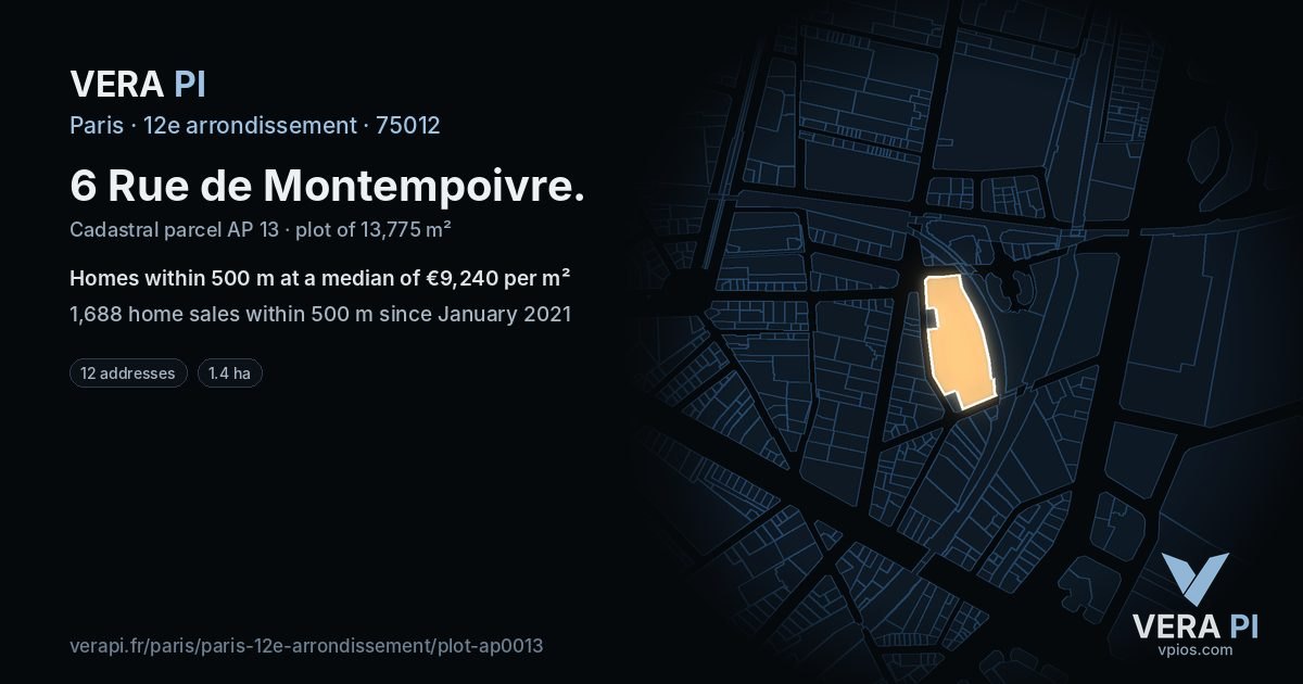 6 Rue de Montempoivre, 12e arrondissement at night – the plot lit, the parcels around coloured by the prices near them