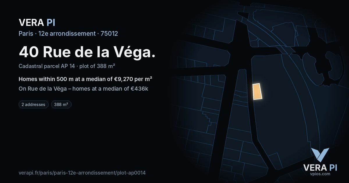 40 Rue de la Véga, 12e arrondissement at night – the plot lit, the parcels around coloured by the prices near them