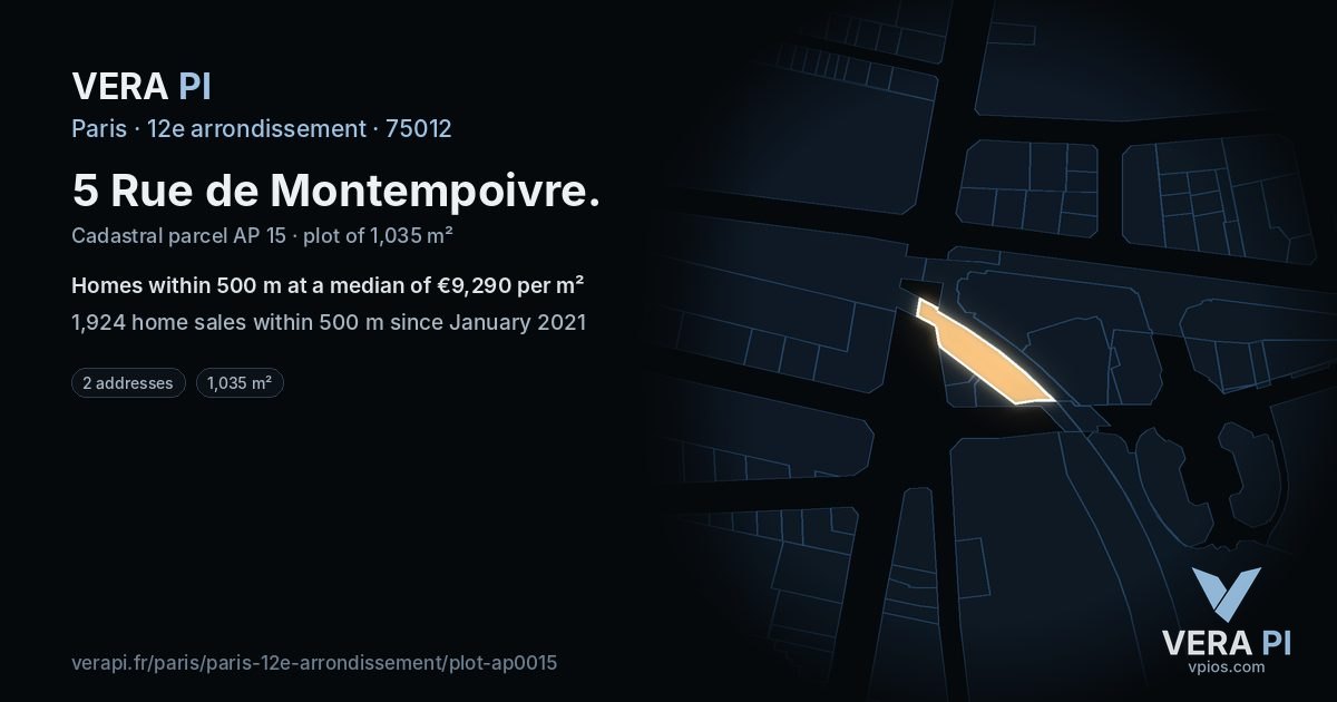 5 Rue de Montempoivre, 12e arrondissement at night – the plot lit, the parcels around coloured by the prices near them