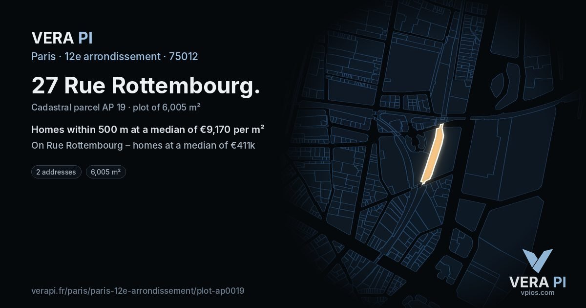 27 Rue Rottembourg, 12e arrondissement at night – the plot lit, the parcels around coloured by the prices near them