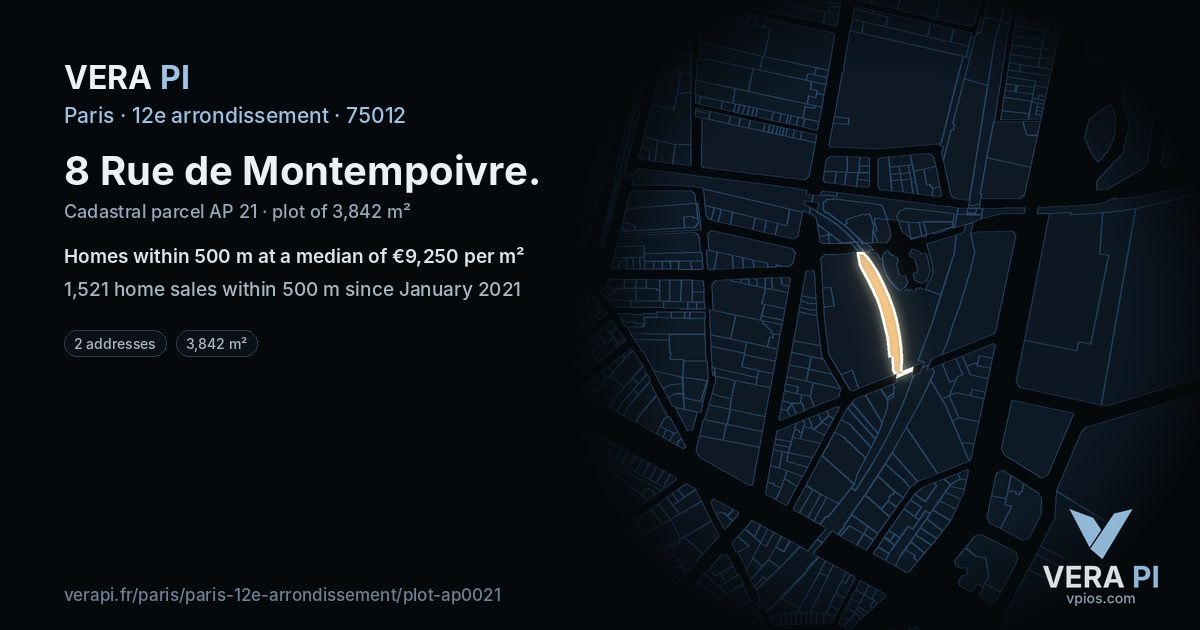8 Rue de Montempoivre, 12e arrondissement at night – the plot lit, the parcels around coloured by the prices near them