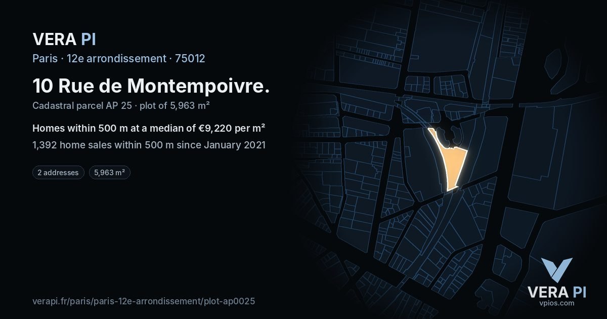 10 Rue de Montempoivre, 12e arrondissement at night – the plot lit, the parcels around coloured by the prices near them