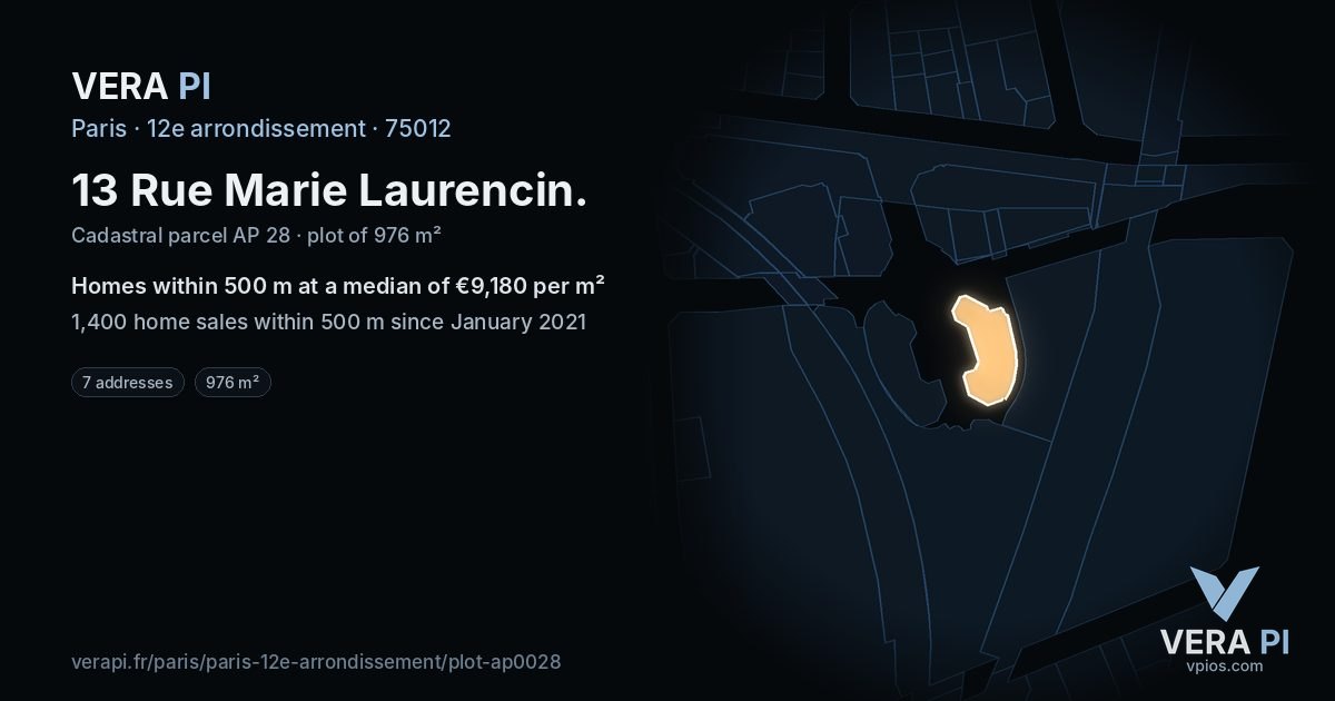 13 Rue Marie Laurencin, 12e arrondissement at night – the plot lit, the parcels around coloured by the prices near them