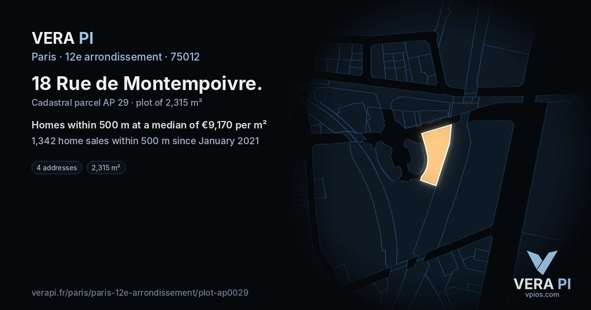 18 Rue de Montempoivre, 12e arrondissement at night – the plot lit, the parcels around coloured by the prices near them
