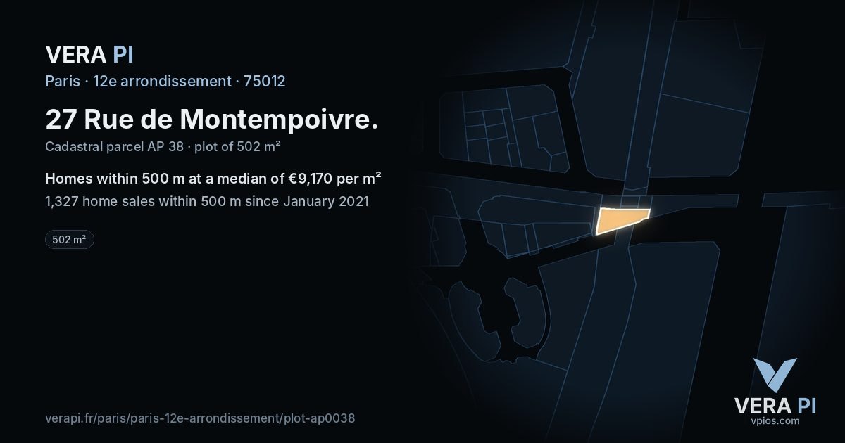 27 Rue de Montempoivre, 12e arrondissement at night – the plot lit, the parcels around coloured by the prices near them