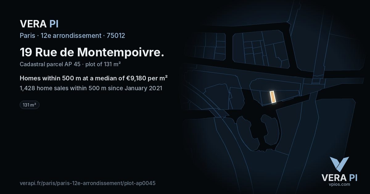 19 Rue de Montempoivre, 12e arrondissement at night – the plot lit, the parcels around coloured by the prices near them