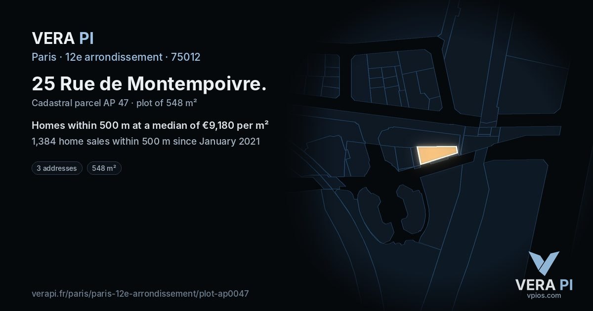 25 Rue de Montempoivre, 12e arrondissement at night – the plot lit, the parcels around coloured by the prices near them