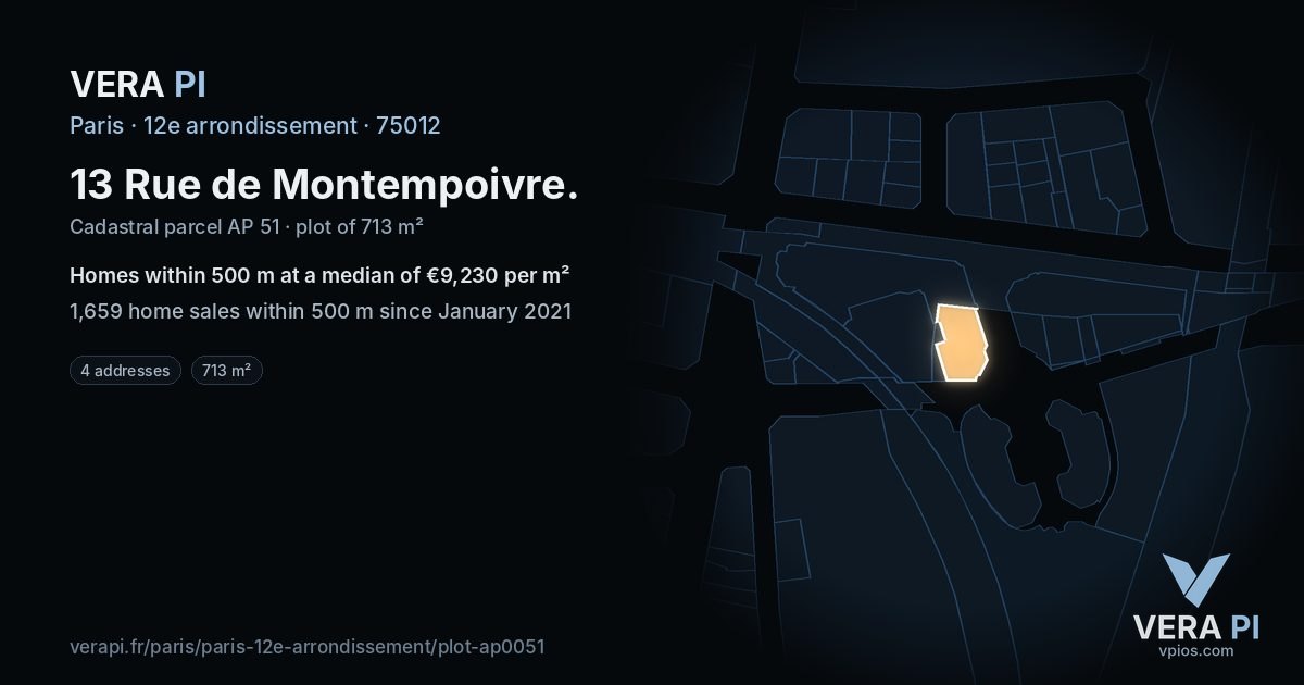 13 Rue de Montempoivre, 12e arrondissement at night – the plot lit, the parcels around coloured by the prices near them