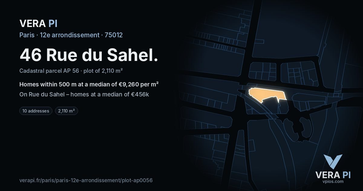 46 Rue du Sahel, 12e arrondissement at night – the plot lit, the parcels around coloured by the prices near them