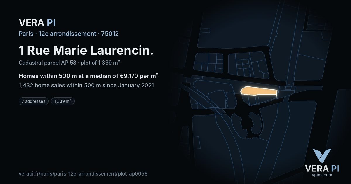 1 Rue Marie Laurencin, 12e arrondissement at night – the plot lit, the parcels around coloured by the prices near them
