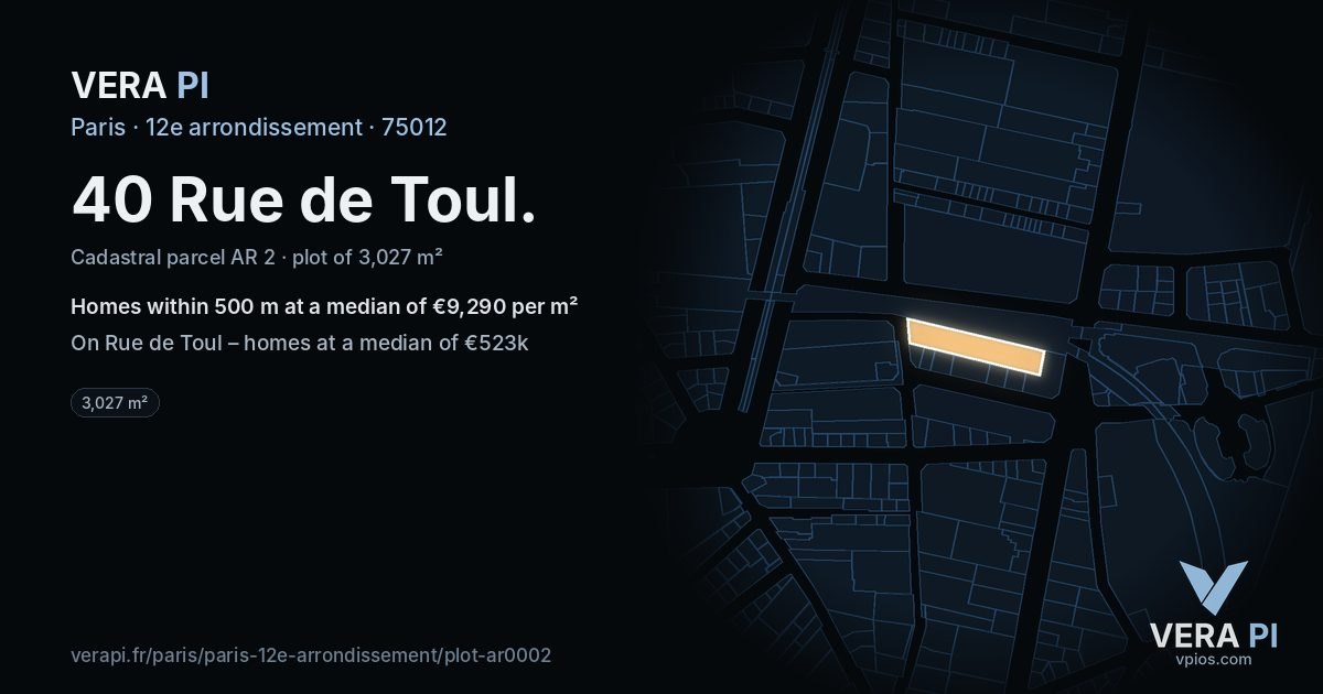 40 Rue de Toul, 12e arrondissement at night – the plot lit, the parcels around coloured by the prices near them
