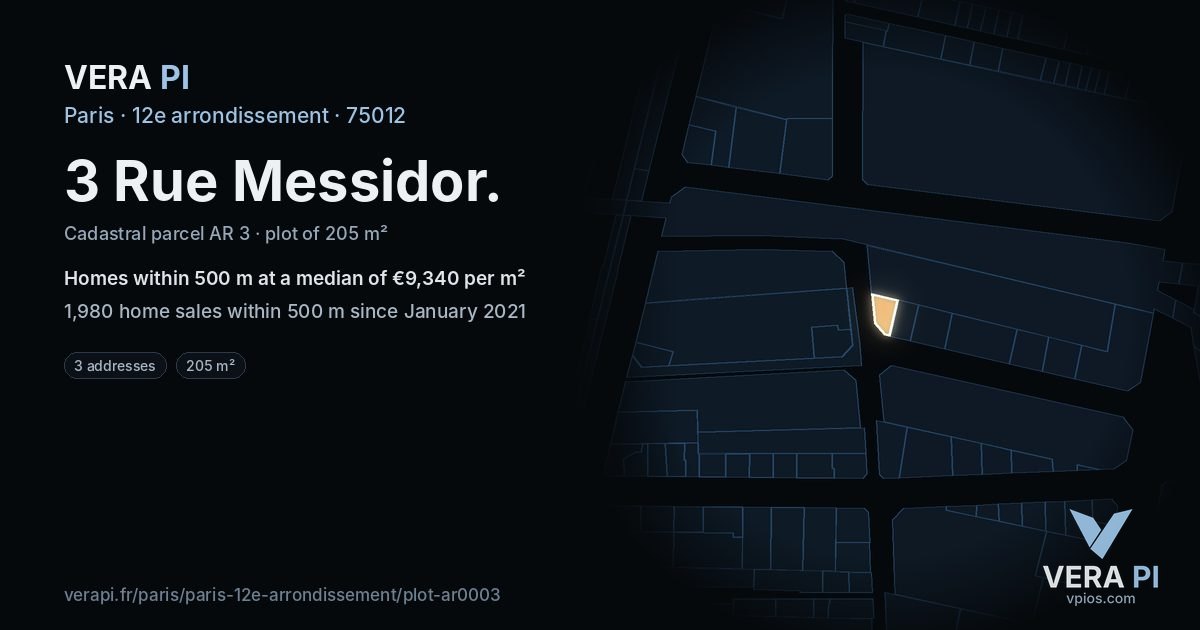 3 Rue Messidor, 12e arrondissement at night – the plot lit, the parcels around coloured by the prices near them