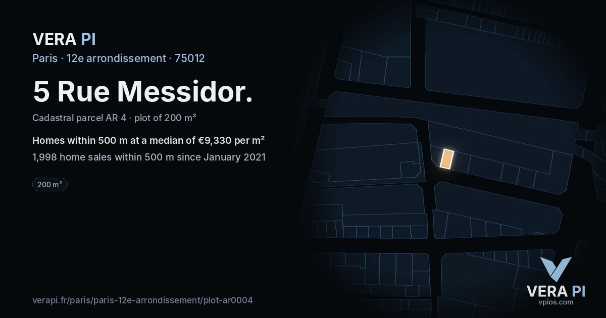 5 Rue Messidor, 12e arrondissement at night – the plot lit, the parcels around coloured by the prices near them