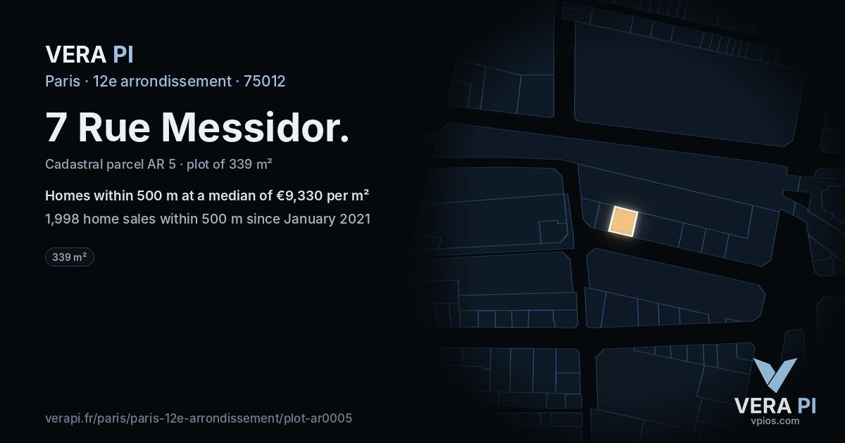 7 Rue Messidor, 12e arrondissement at night – the plot lit, the parcels around coloured by the prices near them