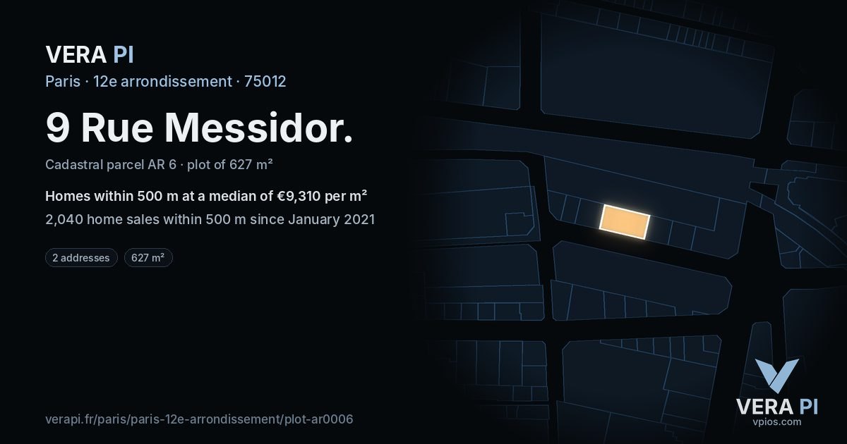9 Rue Messidor, 12e arrondissement at night – the plot lit, the parcels around coloured by the prices near them