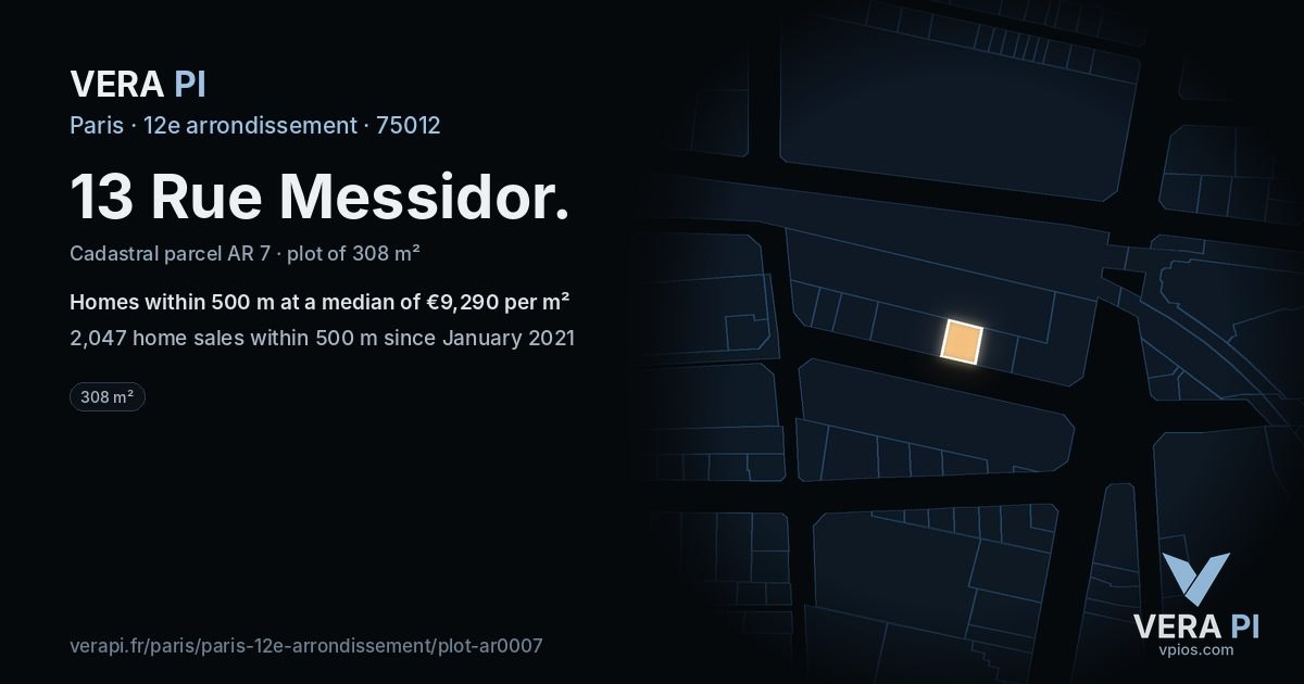 13 Rue Messidor, 12e arrondissement at night – the plot lit, the parcels around coloured by the prices near them