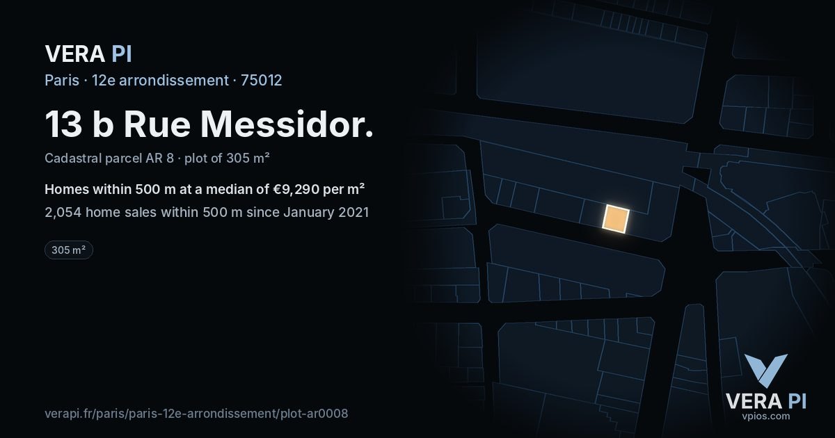 13 b Rue Messidor, 12e arrondissement at night – the plot lit, the parcels around coloured by the prices near them