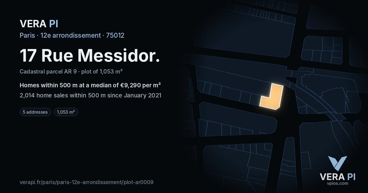 17 Rue Messidor, 12e arrondissement at night – the plot lit, the parcels around coloured by the prices near them