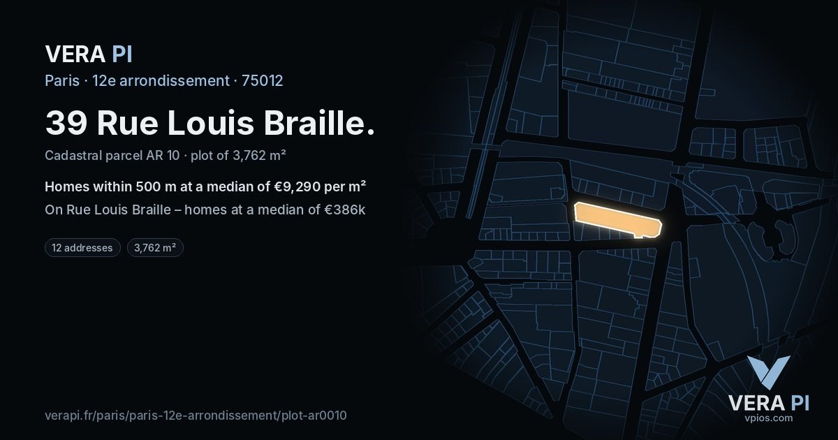 39 Rue Louis Braille, 12e arrondissement at night – the plot lit, the parcels around coloured by the prices near them