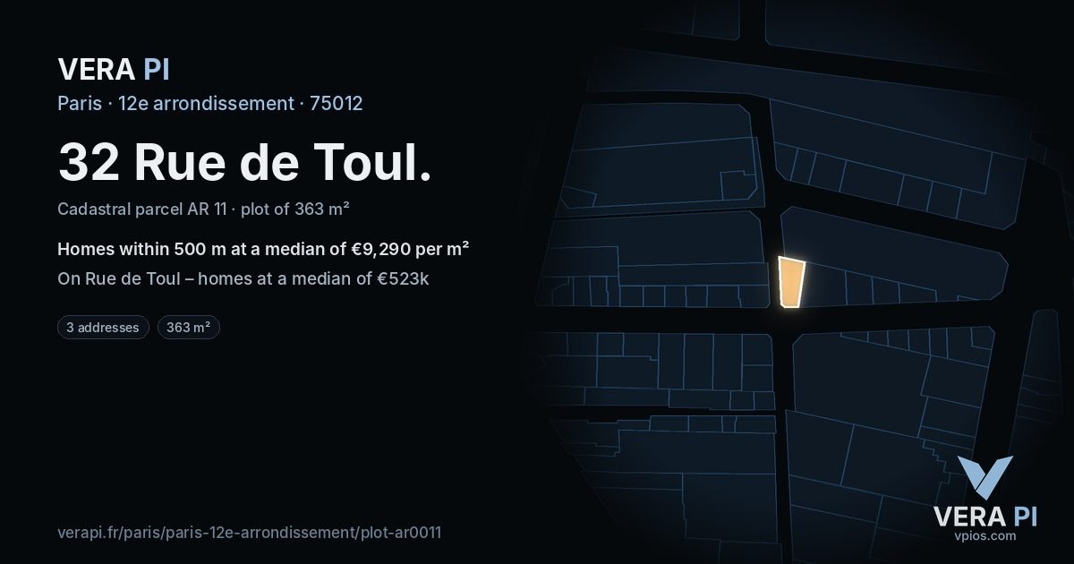 32 Rue de Toul, 12e arrondissement at night – the plot lit, the parcels around coloured by the prices near them