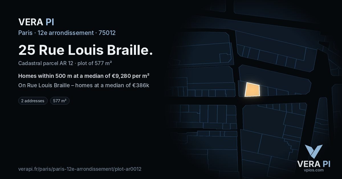25 Rue Louis Braille, 12e arrondissement at night – the plot lit, the parcels around coloured by the prices near them