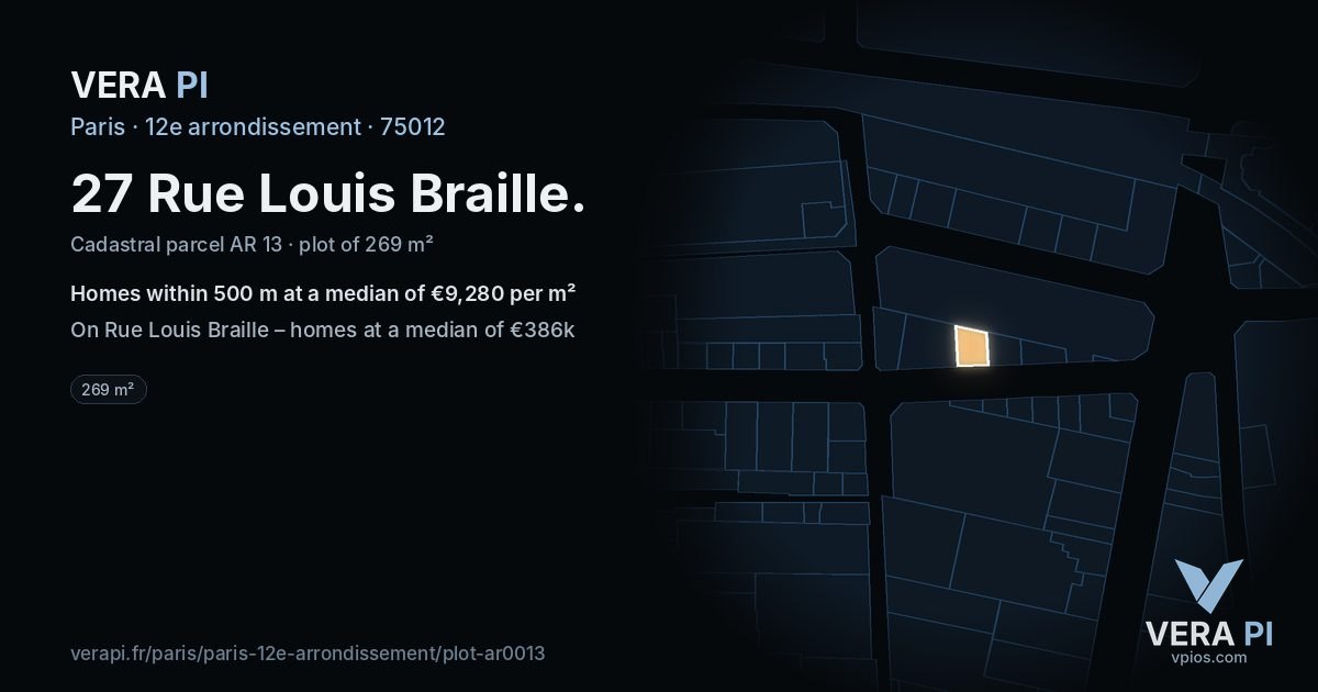 27 Rue Louis Braille, 12e arrondissement at night – the plot lit, the parcels around coloured by the prices near them