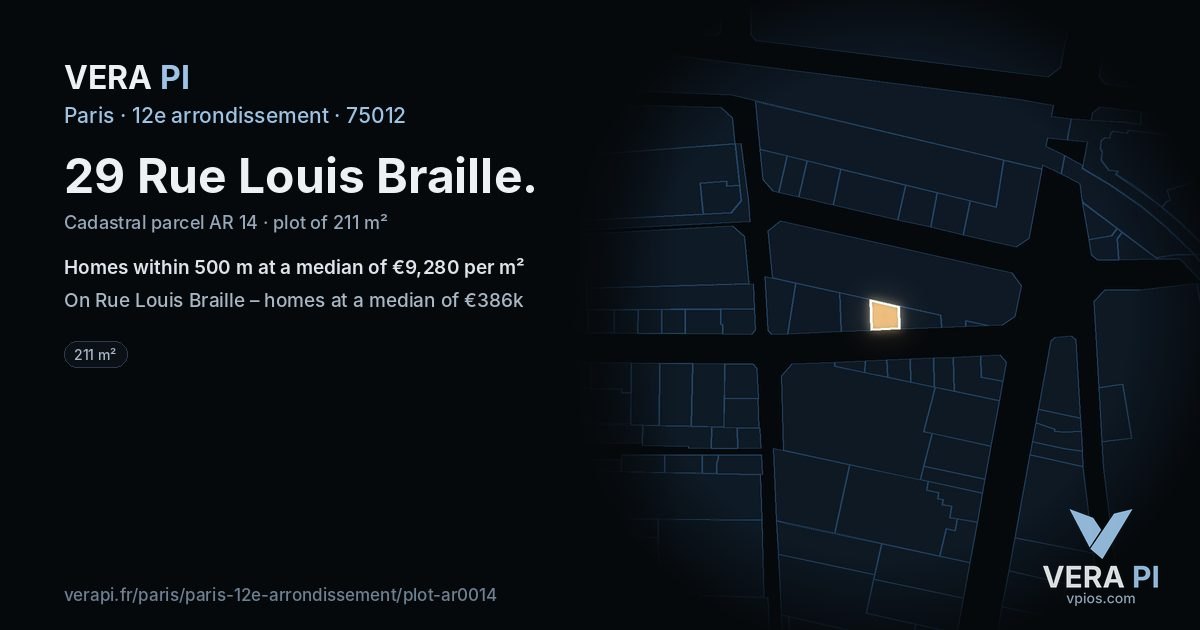29 Rue Louis Braille, 12e arrondissement at night – the plot lit, the parcels around coloured by the prices near them