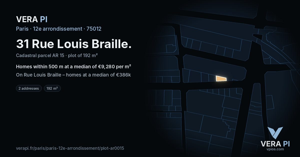 31 Rue Louis Braille, 12e arrondissement at night – the plot lit, the parcels around coloured by the prices near them