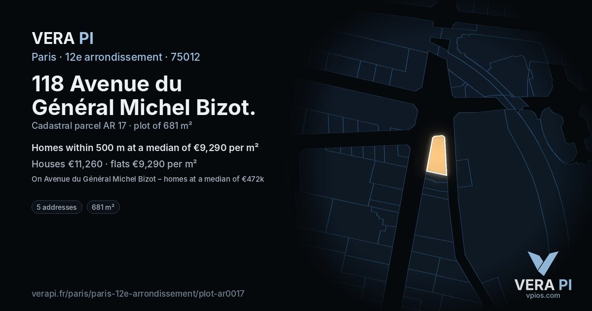 118 Avenue du Général Michel Bizot, 12e arrondissement at night – the plot lit, the parcels around coloured by the prices near them